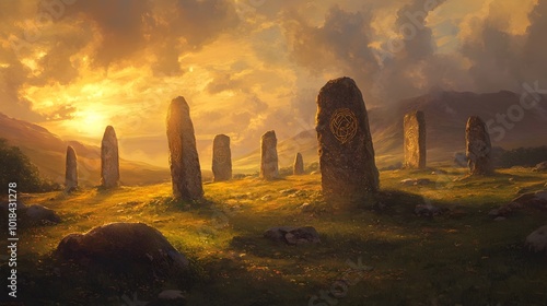 Mystical Celtic Landscape with Enigmatic Stone Monoliths and Golden Sunset photo