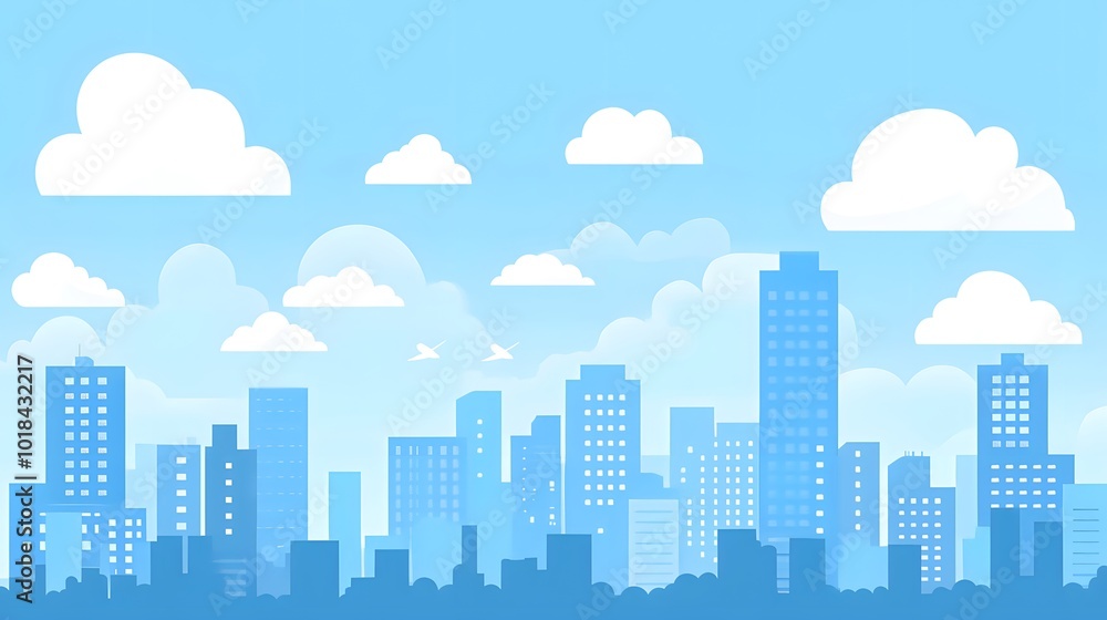 Flat vector illustration of a city skyline, with simple flat shapes, a light blue background, and sky and clouds in the background Flat vector illustration of a city skyline, with simple flat shapes, a light blue background, and sky and clouds in the background