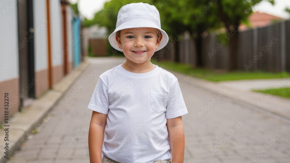 Little boy wearing white t-shirt and white bucket hat standing in a city alley Little boy wearing white t-shirt and white bucket hat standing in a city alley