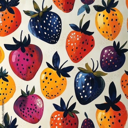 colored strawberries, red, yellow, pink and blue, drawn on a white background, illustration, wallpaper, background