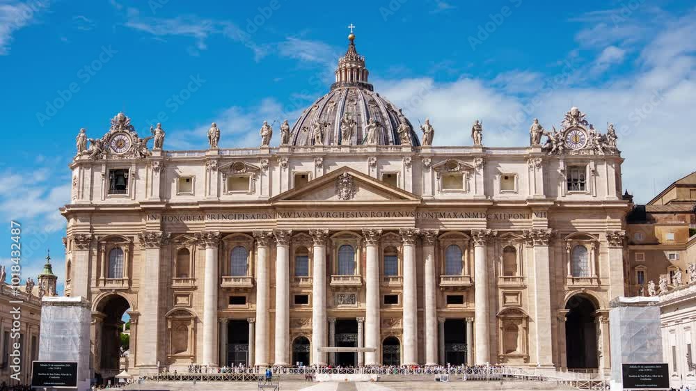 Time lapse of St. Peter's basilica in the Vatican during sunny day. A queue of tourists enter and exit St. Peter's basilica with an excursion Time lapse of St. Peter's basilica in the Vatican during sunny day. A queue of tourists enter and exit St. Peter's basilica with an excursion