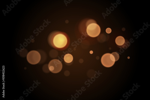 Sparkling golden particles, glowing bokeh lights isolated on dark transparent background