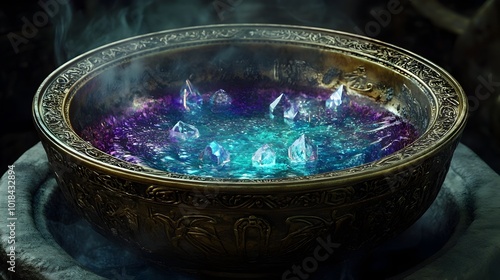 Mystical Brass Scrying Bowl with Iridescent Liquid and Divination Crystals Arcane Ritual Atmosphere photo