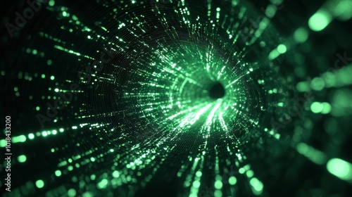 Glowing green lines forming a tunnel-like effect, with light particles streaming down the path on a black background.