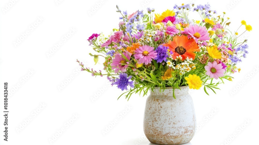 Wildflower arrangement with a variety of colorful blooms in a vintage vase on a bright white background. Wildflower arrangement with a variety of colorful blooms in a vintage vase on a bright white background.