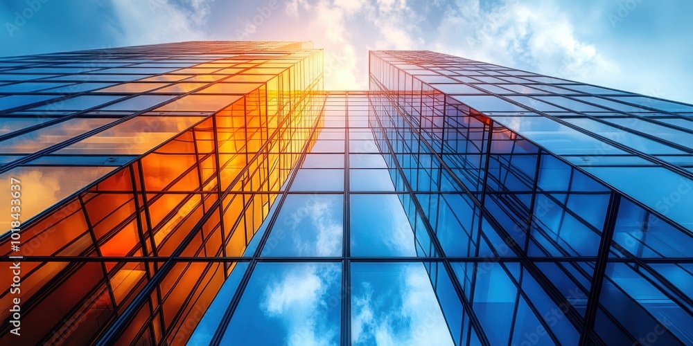 Glass Facade Architecture With Blue and Orange Reflecting the Sky and Clouds Glass Facade Architecture With Blue and Orange Reflecting the Sky and Clouds