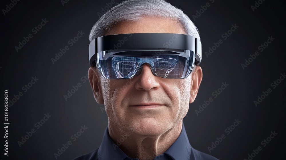 A Glimpse into the Future: Senior man looking ahead, wearing futuristic augmented reality glasses, embodying innovation, progress, and technological advancement. A Glimpse into the Future: Senior man looking ahead, wearing futuristic augmented reality glasses, embodying innovation, progress, and technological advancement.