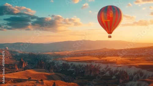 Hot air balloon flying in the sky with beautiful scenery banner background. AI generated images