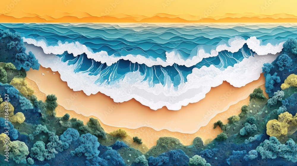 Aerial view of a beach showcasing the coastline and rolling waves Coastal Aerial View of Beach and Waves Aerial view of a beach showcasing the coastline and rolling waves Coastal Aerial View of Beach and Waves