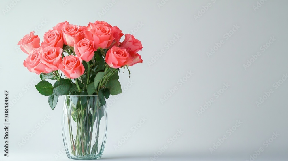 A bouquet of vibrant pink roses arranged in a clear glass vase, displayed on a bright white background. A bouquet of vibrant pink roses arranged in a clear glass vase, displayed on a bright white background.