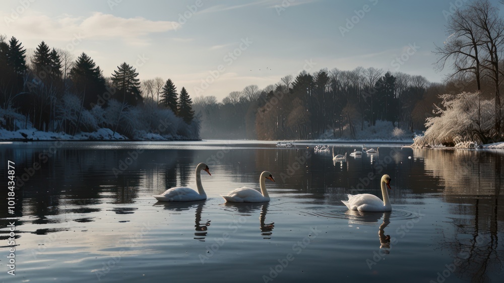 Three graceful swans swim in a serene winter lake with snow covered trees on the shore and a foggy background. Three graceful swans swim in a serene winter lake with snow covered trees on the shore and a foggy background.