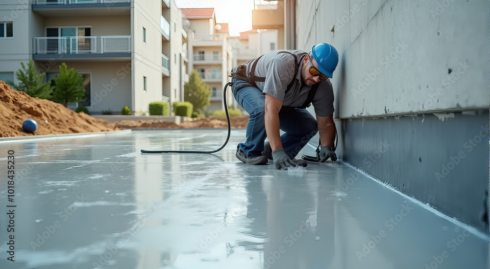 A man in a hard hat is working on a concrete wall A man in a hard hat is working on a concrete wall