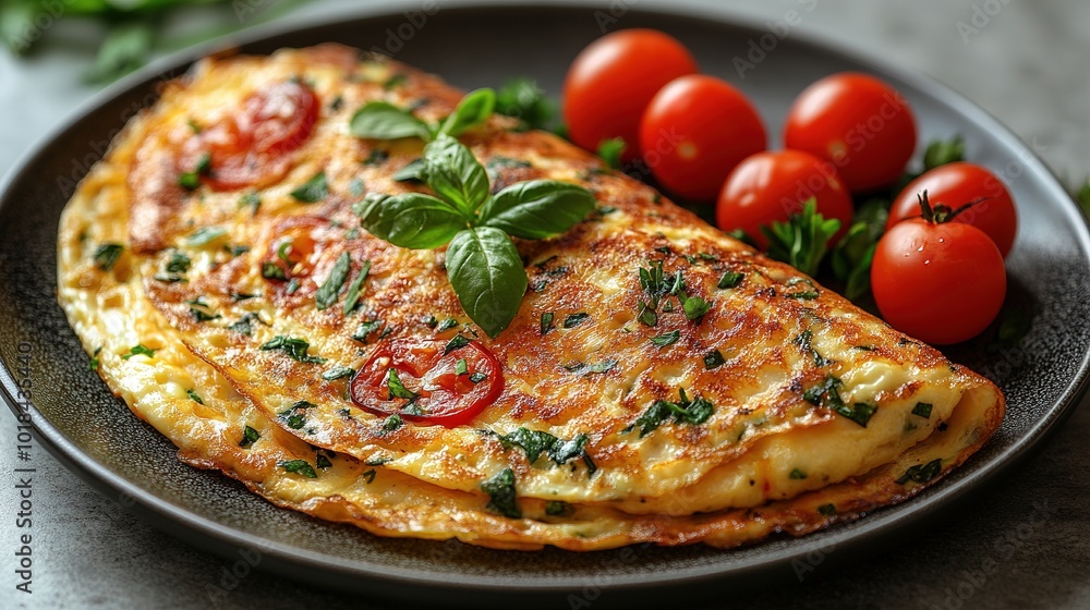 Fresh homemade omelette with mushrooms, feta cheese and herbs. A healthy protein breakfast with mushrooms and spinach
