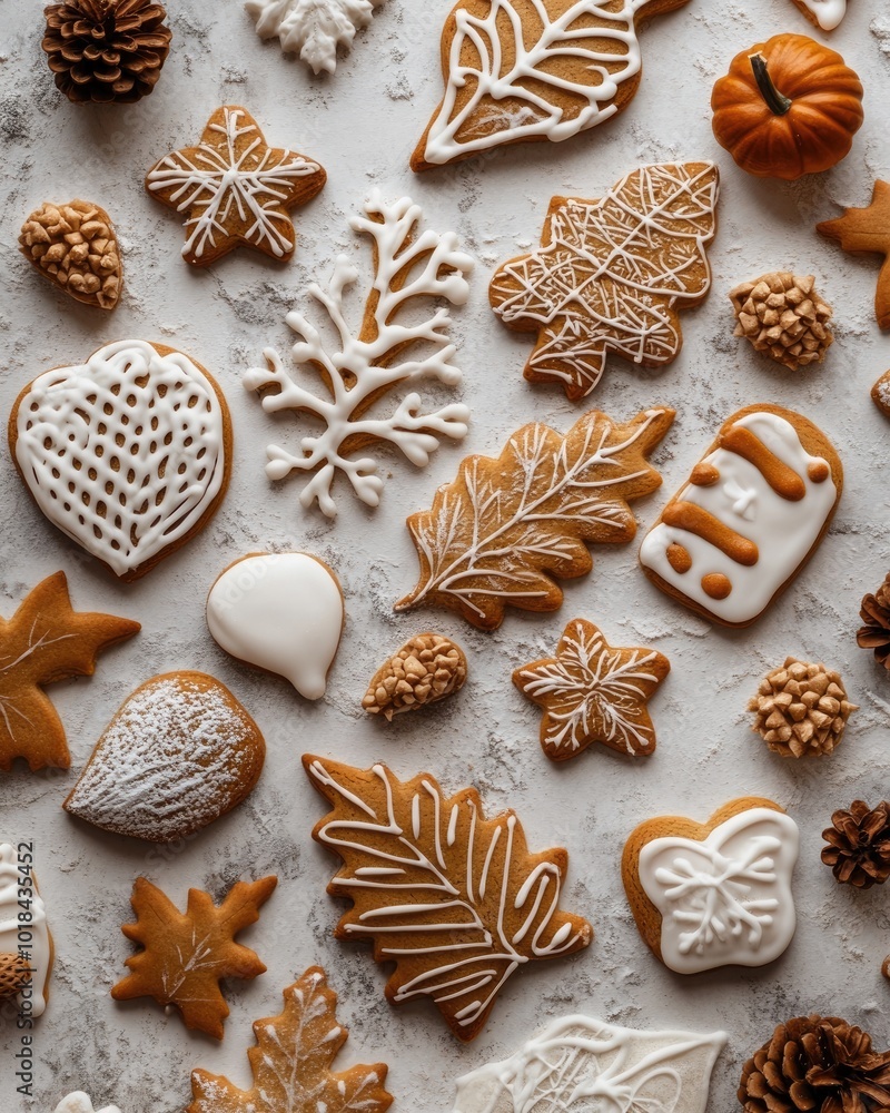 Autumn themed gingerbread cookies in various shapes on a textured background Autumn themed gingerbread cookies in various shapes on a textured background