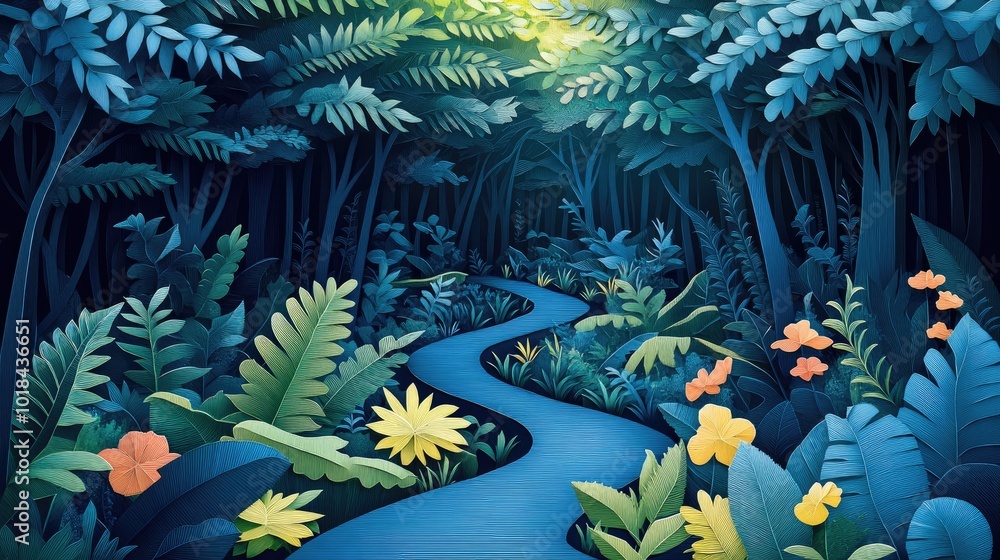 Trail winding through a lush forest in a botanical garden Winding trail in a lush botanical garden Trail winding through a lush forest in a botanical garden Winding trail in a lush botanical garden