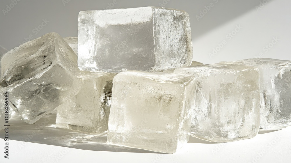 Obraz premium A close-up of clear ice blocks stacked on a white surface, glistening in the light, perfect for illustrating the cooling effects of ice in beverages and cocktails.