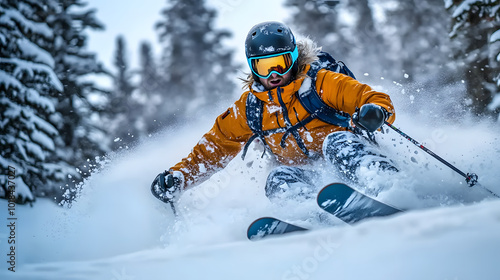 Skier in vibrant jacket gliding through fresh powder under winter trees in the mountains during christmas