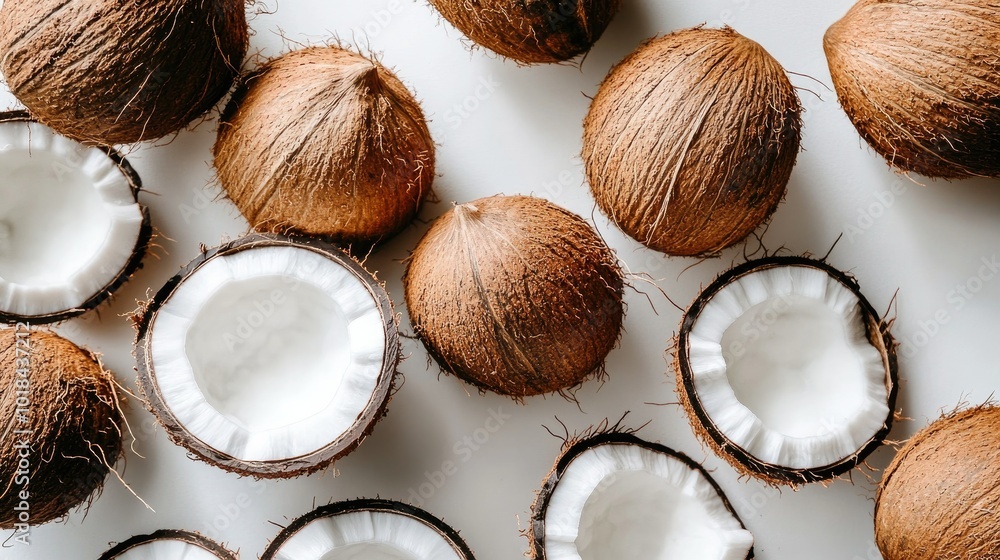 A cluster of freshly harvested coconuts, some cracked open, exposing the white flesh, all against a white background. A cluster of freshly harvested coconuts, some cracked open, exposing the white flesh, all against a white background.