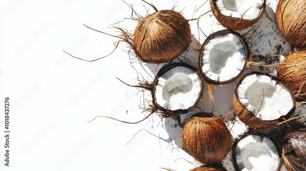 A cluster of freshly harvested coconuts, some cracked open, exposing the white flesh, all against a white background. A cluster of freshly harvested coconuts, some cracked open, exposing the white flesh, all against a white background.