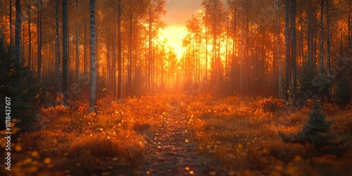 Golden rays of sunlight illuminate the forest floor, casting a warm glow on the trees and the path leading into the heart of the woods