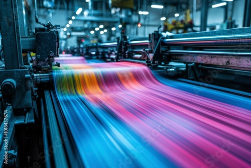 Close-up of a Printing Press with Colorful Paper Moving Through Rollers