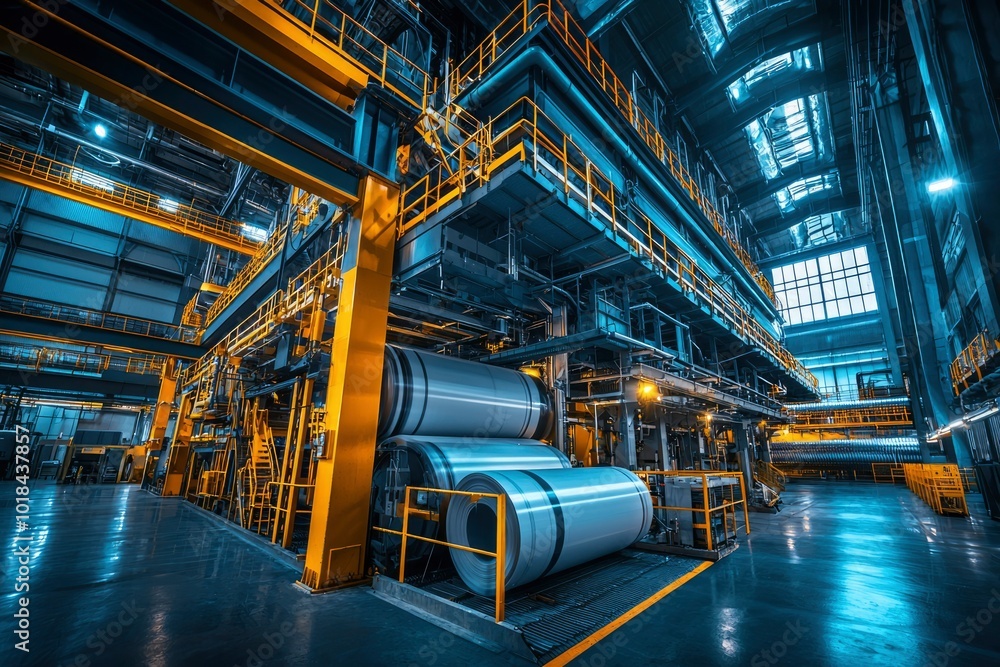 Fototapeta premium Industrial Machinery and Metal Coils in a Large Factory