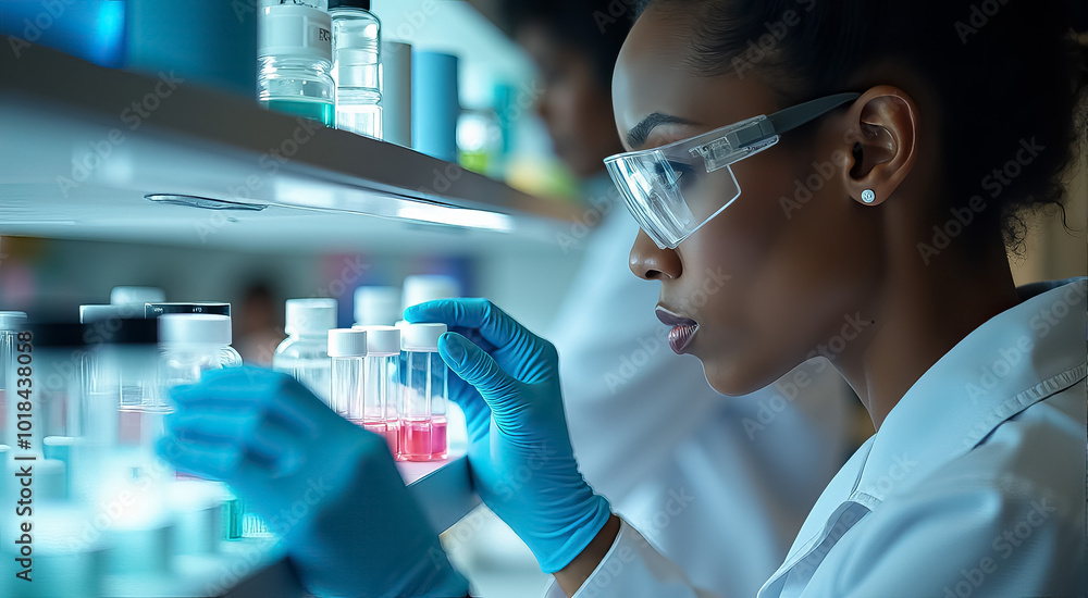 A woman in a lab coat is wearing blue gloves A woman in a lab coat is wearing blue gloves