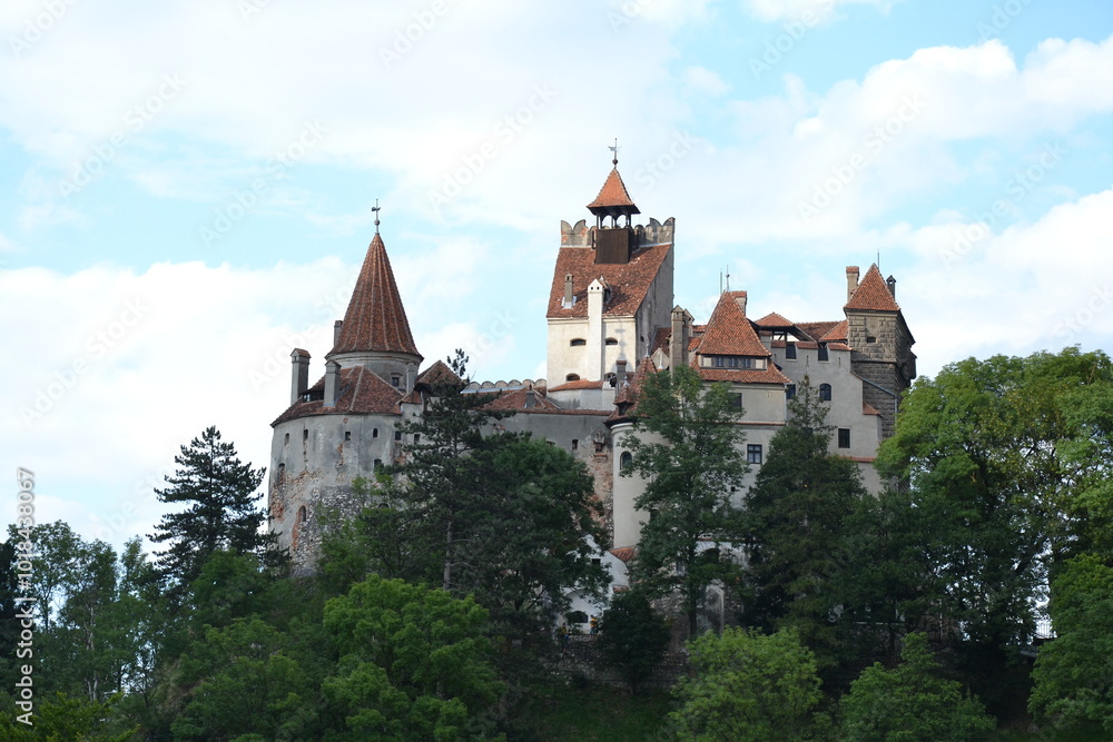 The photo captures Bran Castle, perched dramatically atop a rocky hill. The medieval fortress, with its red-tiled roofs and stone walls, stands against a backdrop of lush green trees.
The photo captures Bran Castle, perched dramatically atop a rocky hill. The medieval fortress, with its red-tiled roofs and stone walls, stands against a backdrop of lush green trees.