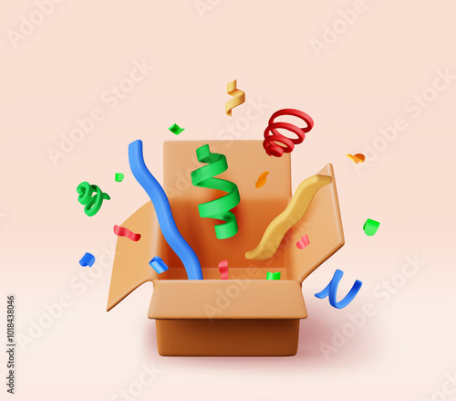 3d opened cardboard box with color confetti isolated. Render open package with colorful confetti explosion icon. Concept of surprise, birthday, sale, coupon, shipping and delivery. Vector illustration