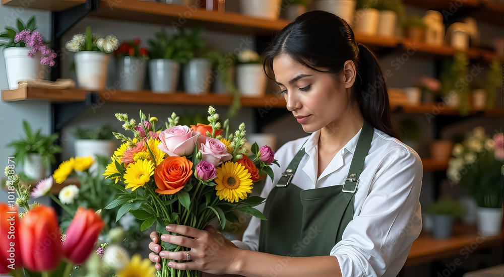 A woman is holding a bouquet of flowers in a flower shop A woman is holding a bouquet of flowers in a flower shop
