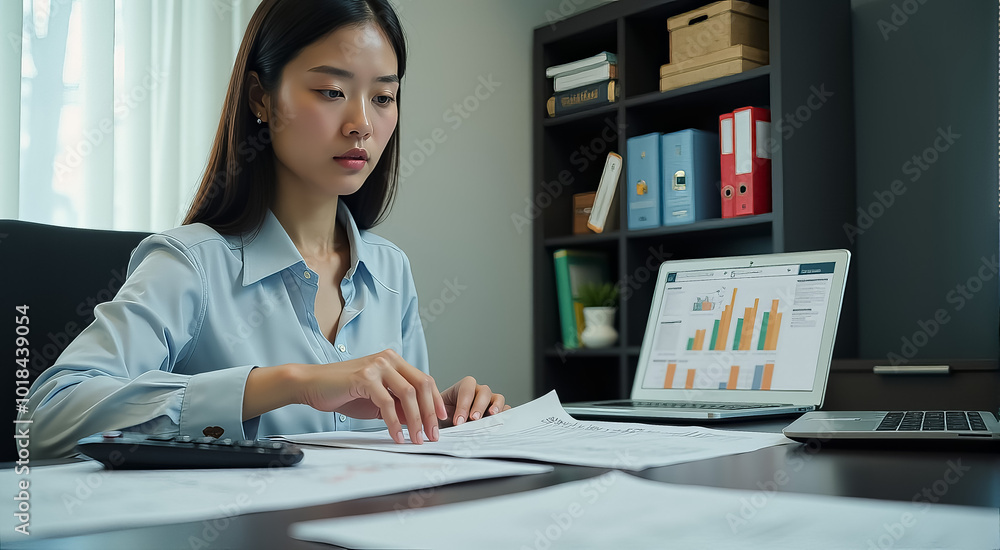 A woman is sitting at a desk with a laptop and a calculator A woman is sitting at a desk with a laptop and a calculator