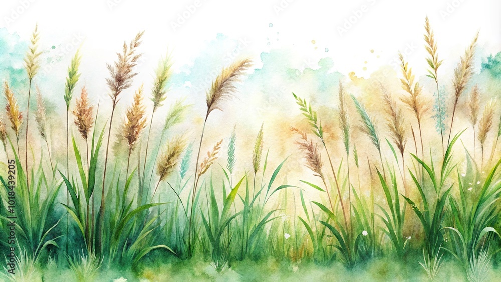 Grass in watercolor style with paper texture, boho style panoramic view Grass in watercolor style with paper texture, boho style panoramic view