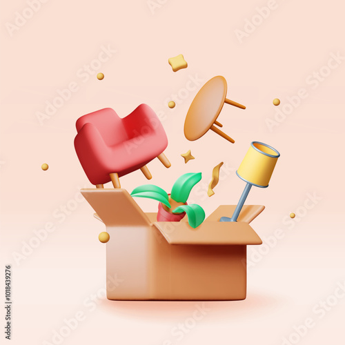 3D open cardboard box with home goods isolated. Render furniture armchair, plant in pot, lamp and table. Delivery, relocation service. Move, transportation and logistics concept. Vector illustration