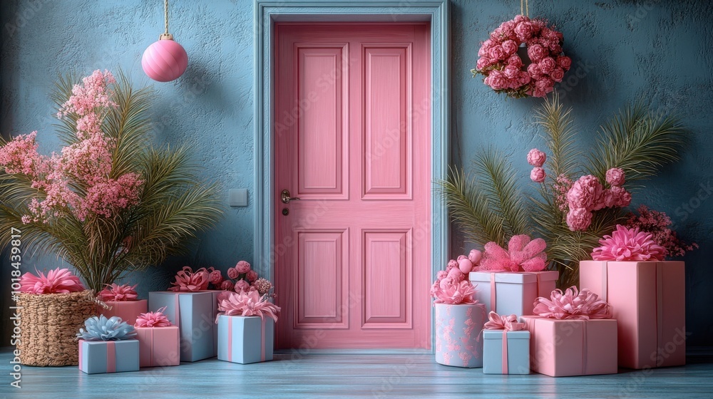 A Festive Doorway Adorned with Pink Flowers and Gifts A Festive Doorway Adorned with Pink Flowers and Gifts