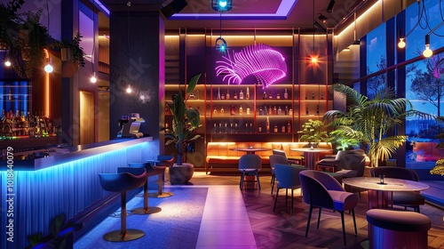 Hotel bar with a modern design and vibrant lighting