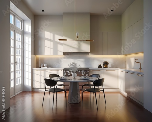 A beautifully rendered modern kitchen interior with a round dining table, sleek cabinets, and soft lighting, a minimalist yet cozy dining space filled with natural light.