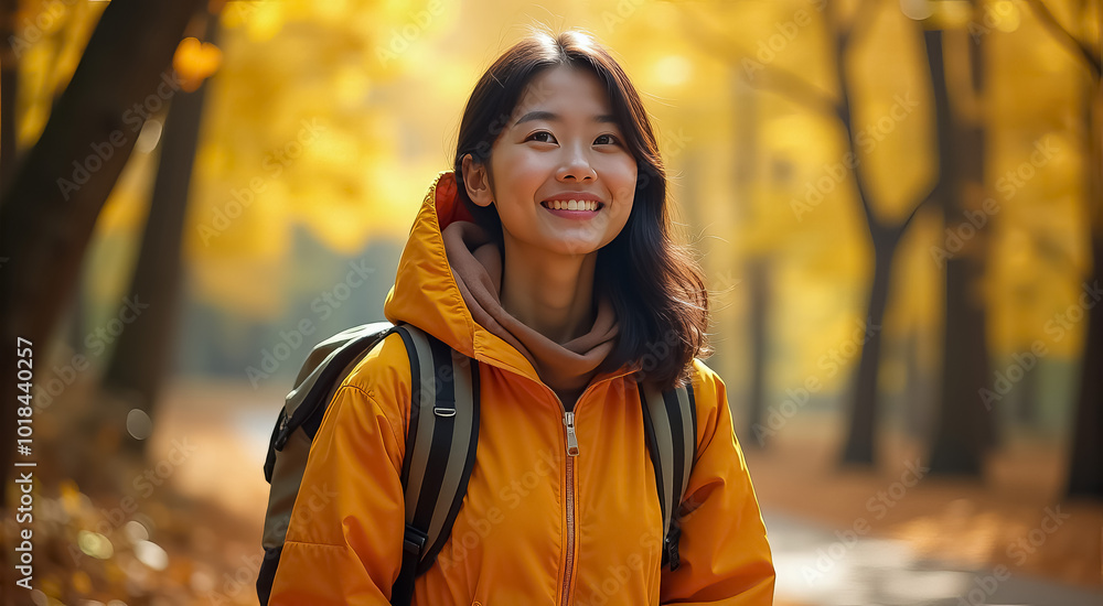A woman wearing a yellow jacket and backpack is smiling in a forest A woman wearing a yellow jacket and backpack is smiling in a forest