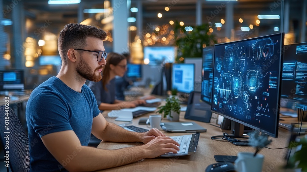Tech startup team working late in a modern office, holographic displays, innovation in progress, creative environment Tech startup team working late in a modern office, holographic displays, innovation in progress, creative environment