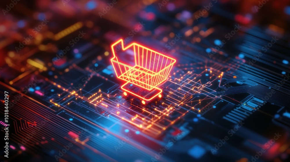 Glowing digital shopping cart icon over circuit board background, AI generated image Glowing digital shopping cart icon over circuit board background, AI generated image