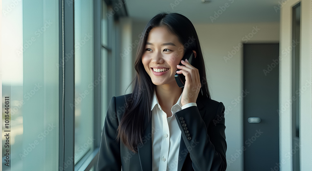A woman in a business suit is talking on her cell phone A woman in a business suit is talking on her cell phone