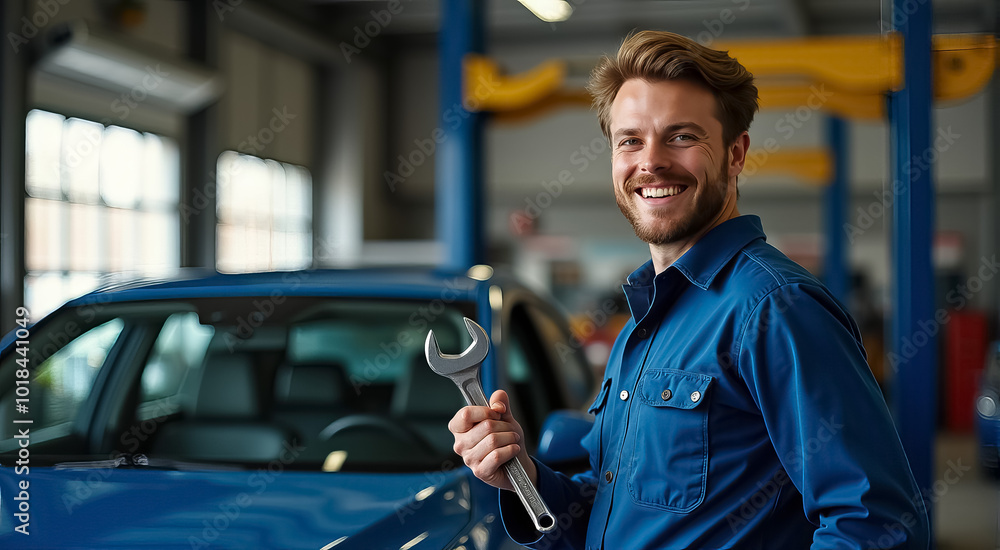 A mechanic is smiling and holding a wrench in front of a car A mechanic is smiling and holding a wrench in front of a car