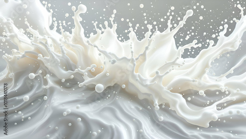 A close-up shot of a white liquid, possibly milk, splashing and creating a dynamic pattern. The liquid is textured and has a smooth, creamy appearance with air bubbles scattered throughout.