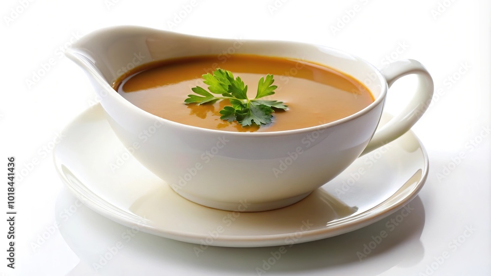 Gravy soup in a white ceramic bowl isolated at a tilted angle Gravy soup in a white ceramic bowl isolated at a tilted angle