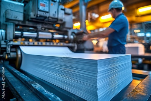 Stack of Paper on a Conveyor Belt in a Printing Factory