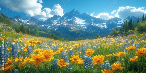 A vibrant meadow bursts with yellow wildflowers against a backdrop of snow-capped mountain peaks under a bright blue sky with puffy white clouds.