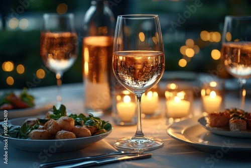 intimate restaurant setting soft candlelight illuminating elegant table with fine wine glasses and gourmet appetizers creating romantic ambiance