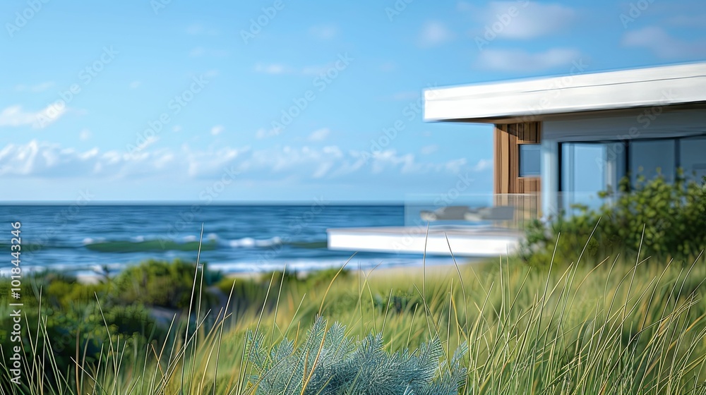 Modern Coastal Home with Ocean View and Grassy Foreground Modern Coastal Home with Ocean View and Grassy Foreground