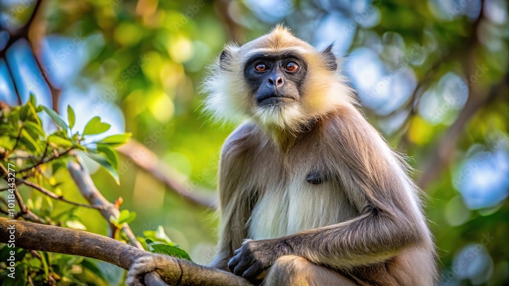 Obraz premium Gray langur sitting on tree branch, scouting for predators and danger