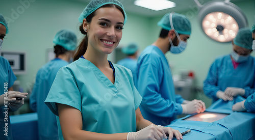 A group of surgeons are in a hospital room, one of them smiling