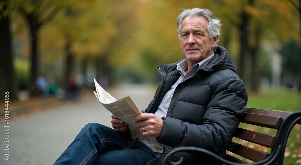 Fototapeta premium An older man is sitting on a park bench reading a newspaper